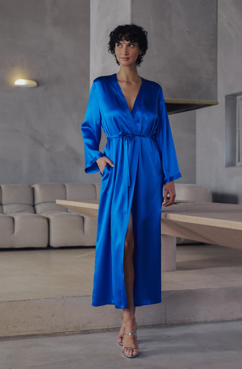blue silk dressing gown Women's Silk Robe Blue Paisley