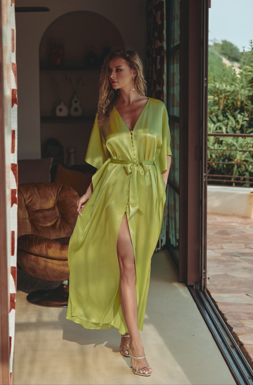 green silk dress long Calista caftan dev-position-everything:number:66 Alexandra + Oak Dress Primary colour:Gold/blush