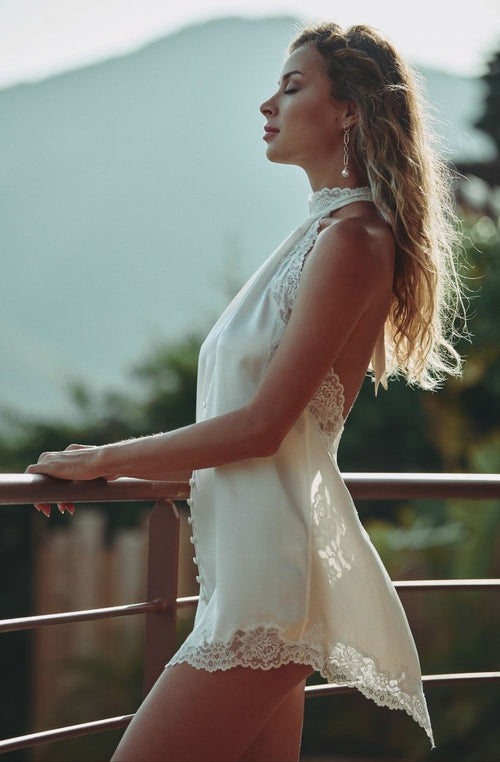 Trägerloses Neckholder-Kleid aus Seide und weißer Spitze Carmela - Marjolaine - 4