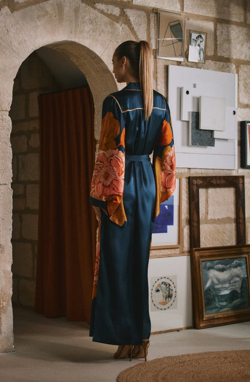 Long silk kimono with Dahlia floral print - Marjolaine - 4