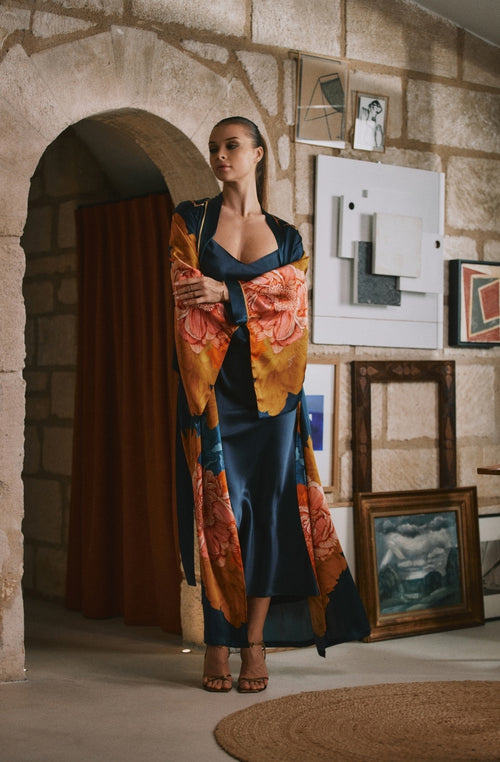 Long silk kimono with Dahlia floral print - Marjolaine - 5