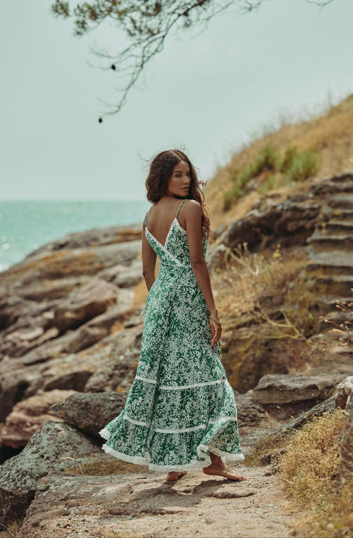 Cyane floral print crepe long dress with criss-cross back | Marjolaine lingerie