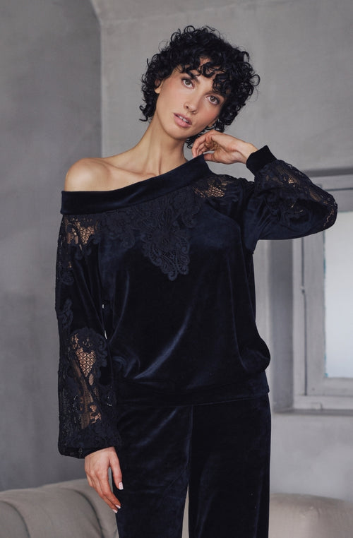 Top à manches longues Branda en velours et dentelle noire | Marjolaine lingerie