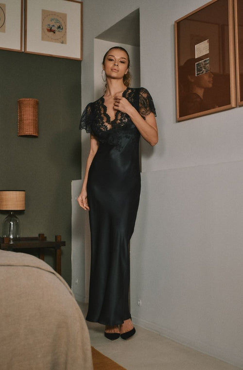 Robe nuisette longue en soie et dentelle Daniella - Marjolaine - 1