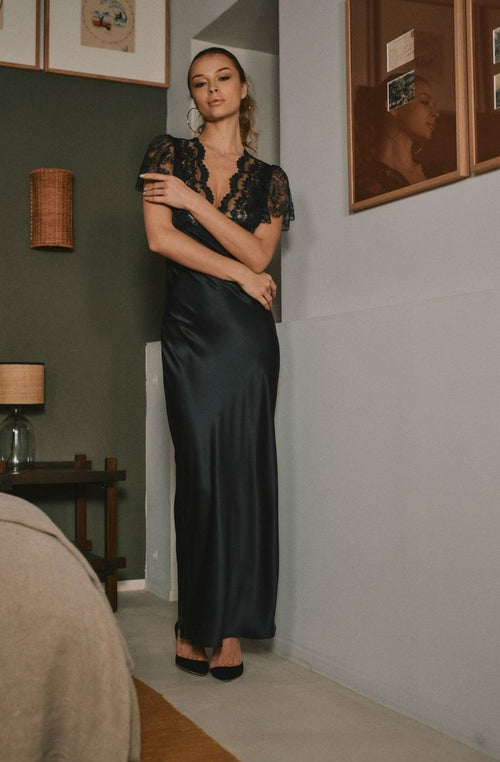 Robe nuisette longue en soie et dentelle Daniella - Marjolaine - 3