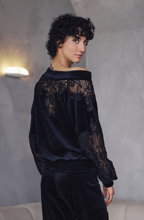 Top à manches longues Branda en velours et dentelle noire | Marjolaine lingerie