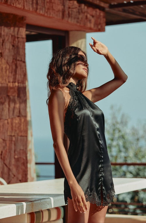 Carmela Black Silk and Lace Backless Slip Dress - Marjolaine - 3