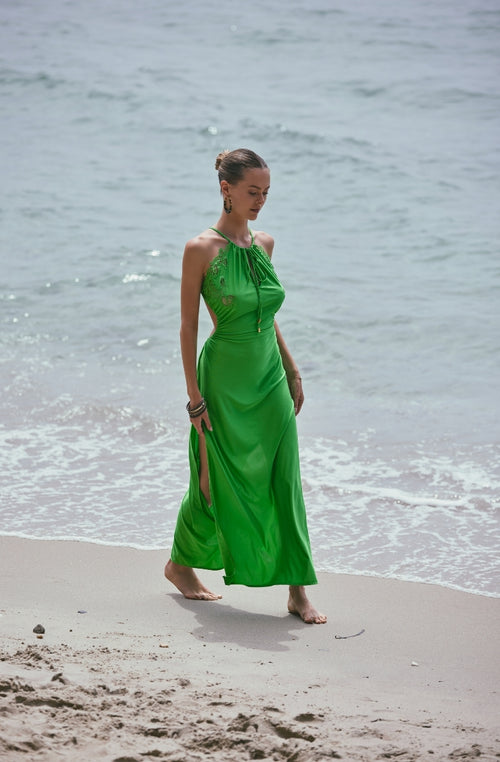 Long green beach dress Ambre backless - Marjolaine Long green beach dress Ambre backless - Marjolaine