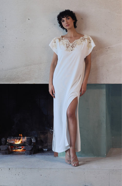 Bianca long nightgown in white cotton fleece and guipure - Marjolaine - 3