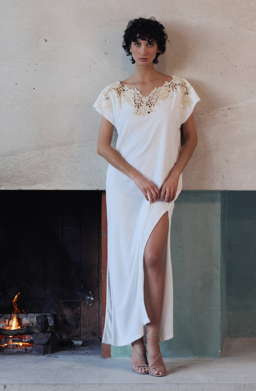 Bianca long nightgown in white cotton fleece and guipure | Marjolaine lingerie