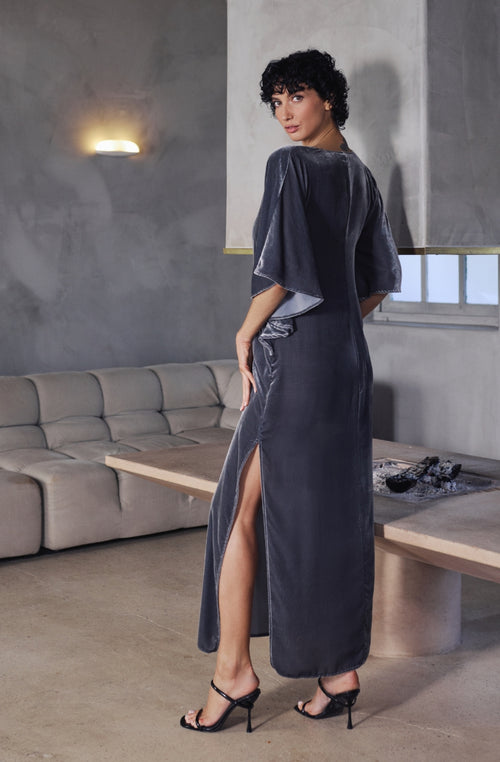 Langes Kleid Bruna aus grauem Samt - Marjolaine - 4
