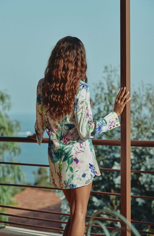 Cléa button-up shirt in floral print satin | Marjolaine lingerie