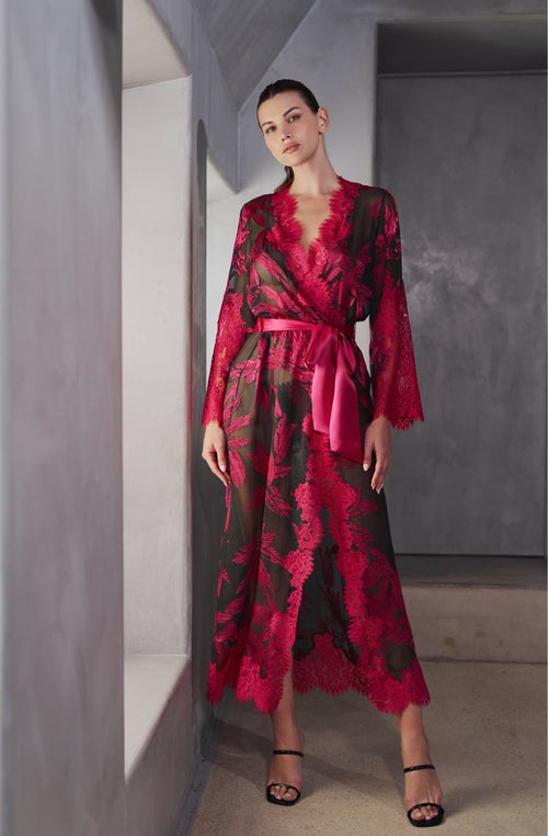 Barbara long dressing gown in patterned chiffon and lace | Marjolaine lingerie