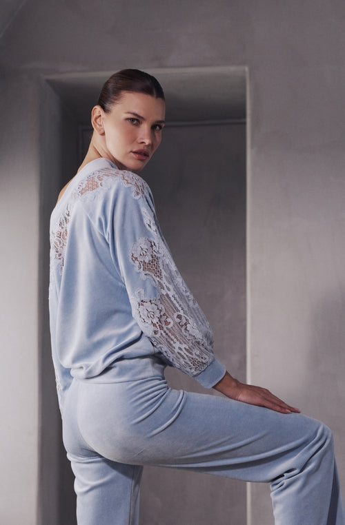 Top à manches longues Branda en velours et dentelle bleue | Marjolaine lingerie