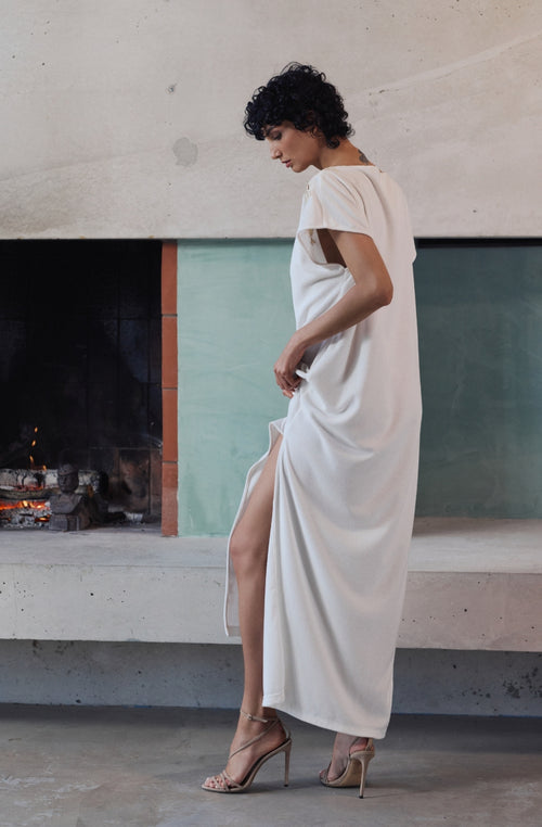 Bianca long nightgown in white cotton fleece and guipure | Marjolaine lingerie