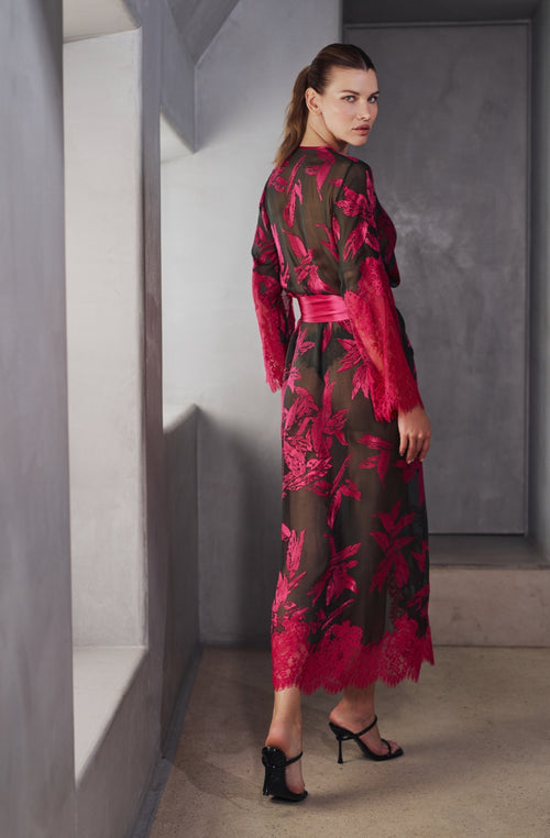 Barbara long dressing gown in patterned chiffon and lace | Marjolaine lingerie