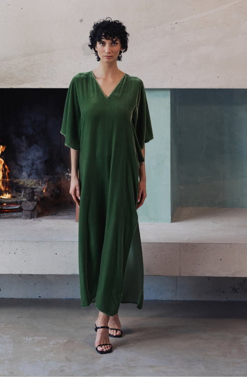 Bruna long dress in green velvet | Marjolaine lingerie