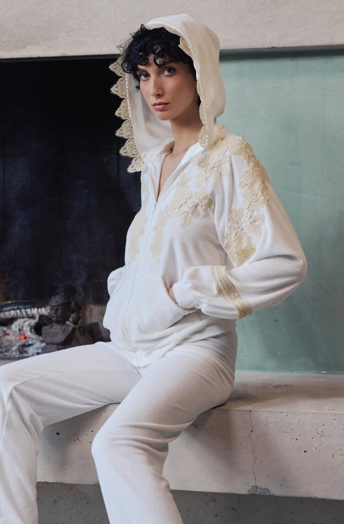 Bianca Kapuzenjacke aus weißem Baumwollfleece und Guipure - Marjolaine - 3