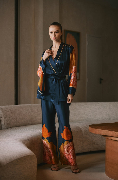 Dahlia floral print silk kimono pajamas | Marjolaine Lingerie