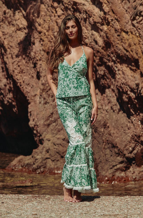 Cyane Floral Print Flared Crepe Trousers | Marjolaine lingerie