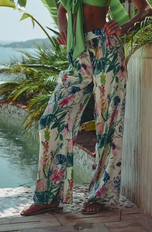 Cléa pants in floral print satin | Marjolaine lingerie