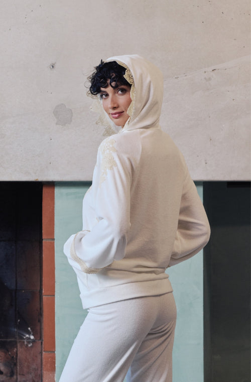 Bianca Kapuzenjacke aus weißem Baumwollfleece und Guipure - Marjolaine - 4