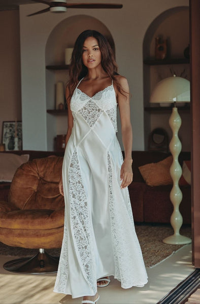 Carmela long white silk and lace slip dress