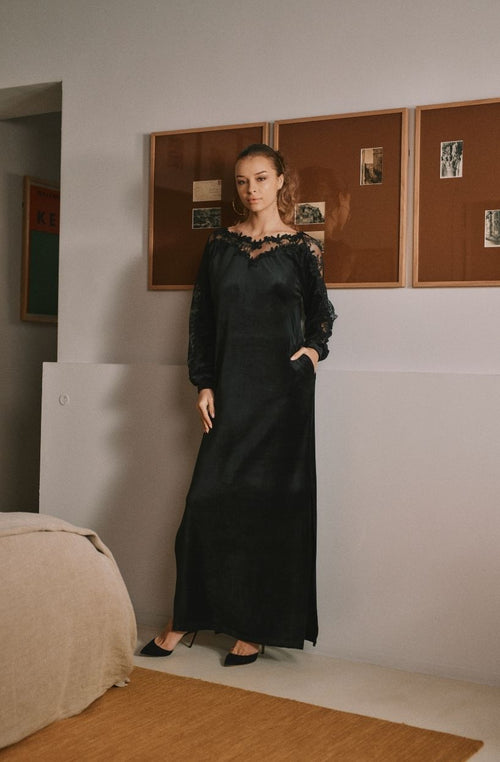 Daniella long black velvet and lace dress - Marjolaine - 1
