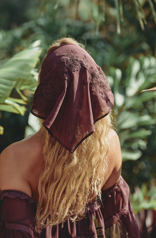 Calista headdress in brown silk chiffon and lace | Marjolaine lingerie