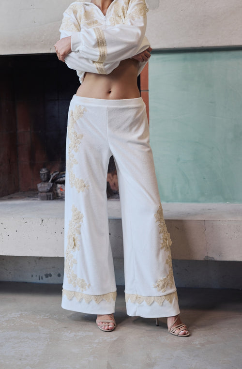 Pantalon Bianca en molleton de coton blanc avec guipure | Marjolaine lingerie
