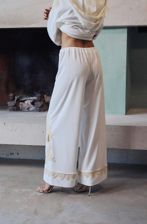 Pantalon Bianca en molleton de coton blanc avec guipure | Marjolaine lingerie
