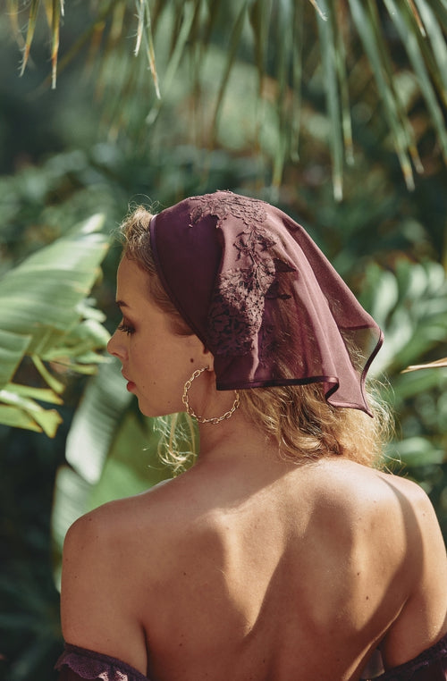 Calista headdress in brown silk chiffon and lace - Marjolaine - 3