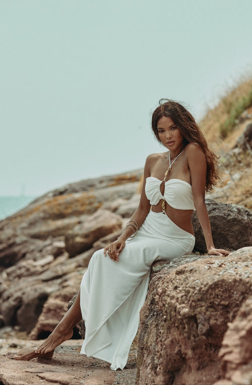 Céleste sexy long white cotton fleece dress | Marjolaine lingerie