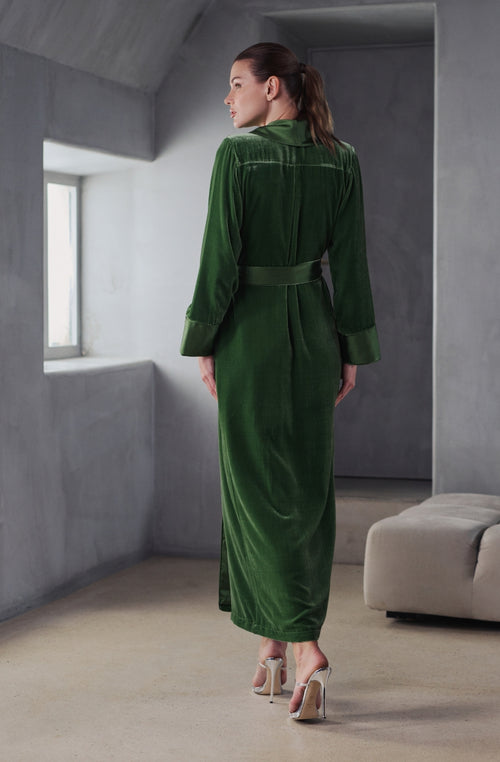 Peignoir long Bruna en velours vert | Marjolaine lingerie
