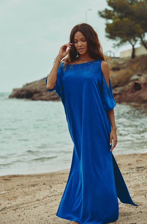 Céleste off-the-shoulder long blue dress in cotton fleece and lace | Marjolaine lingerie
