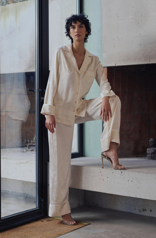 Pyjama Béatrice en satin jacquard crème | Marjolaine lingerie
