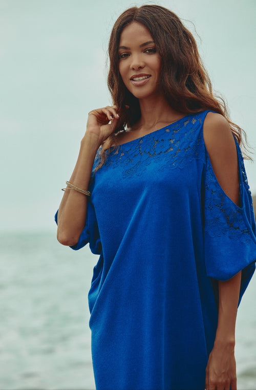 Céleste off-the-shoulder long blue dress in cotton fleece and lace | Marjolaine lingerie