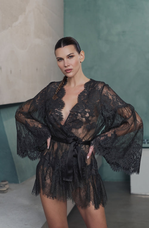 Kimono court en dentelle verte Brooke | Marjolaine lingerie