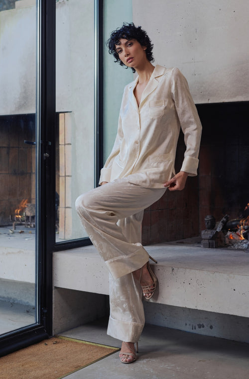 Pyjama Béatrice en satin jacquard crème | Marjolaine lingerie