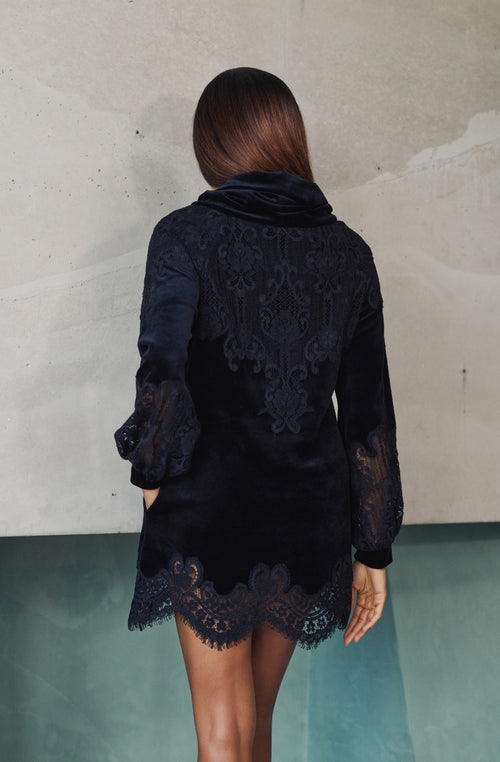 Robe courte en velours et dentelle noire Branda | Marjolaine lingerie