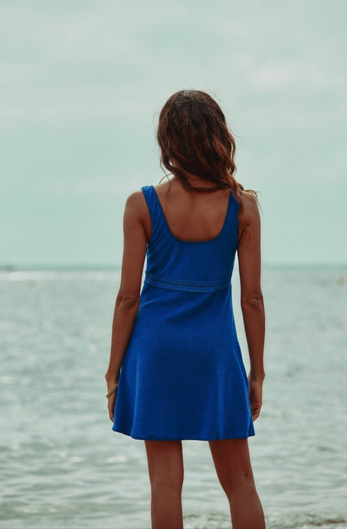 Céleste short dress in cotton fleece and blue lace | Marjolaine lingerie