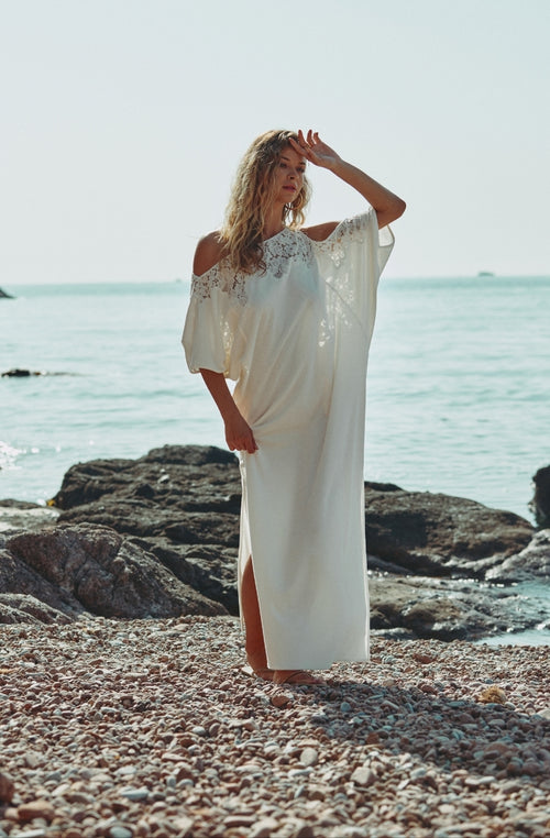 Céleste White Off-the-Shoulder Long Dress in Cotton Fleece and Lace | Marjolaine lingerie