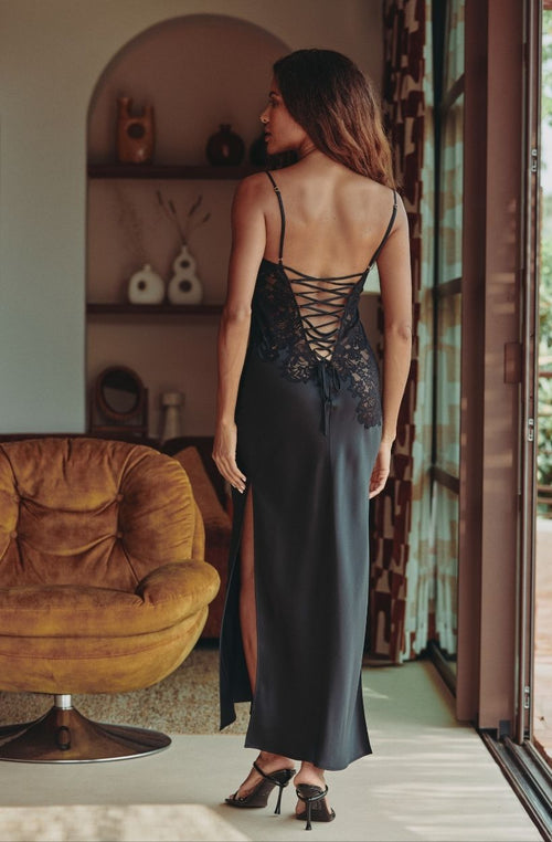 Long black silk satin and lace bustier nightdress Carmela | Marjolaine lingerie