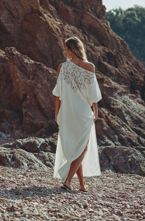 Céleste White Off-the-Shoulder Long Dress in Cotton Fleece and Lace - Marjolaine - 3