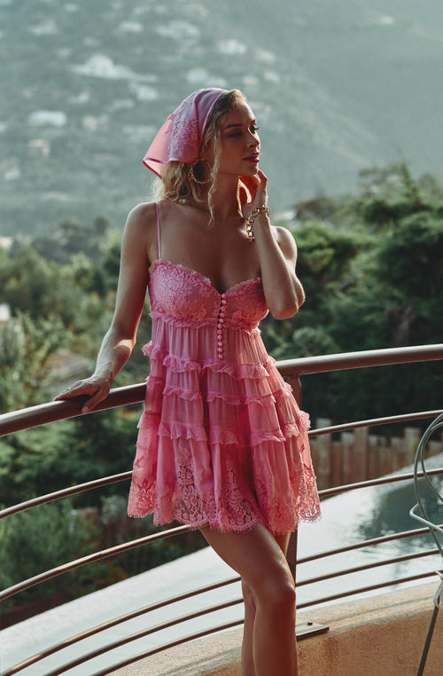 Calista romantic nightgown in silk chiffon and pink lace | Marjolaine lingerie