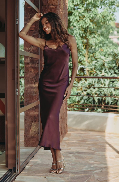 Calista long brown silk nightgown | Marjolaine lingerie