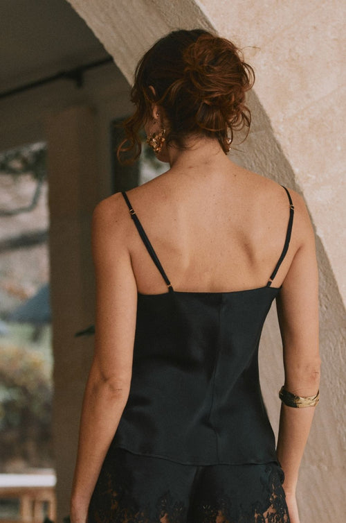 Schwarzes Seidentop Tess mit Spitze | Marjolaine Dessous