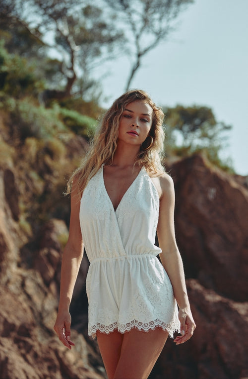 Jumpsuit Céleste aus Baumwollfleece und weißer Spitze - Marjolaine - 3