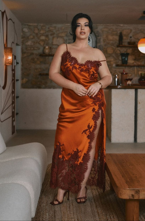 Nuisette longue fendue Diane en soie et dentelle - Marjolaine - 1