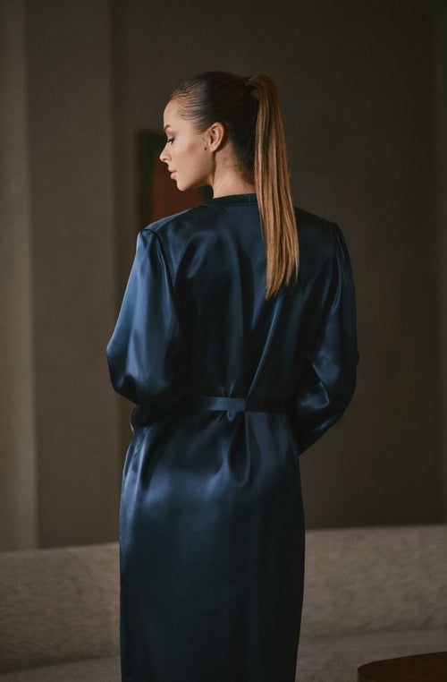 Dahlia midnight blue long silk robe - Marjolaine - 3